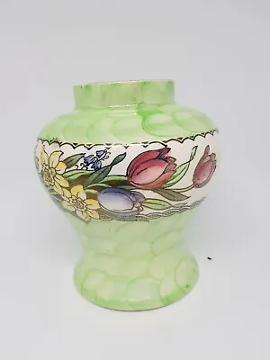 Vintage Maling Lustre Green Vase Tulips & Daffodils. Pattern 6524 Shape 26 • £20