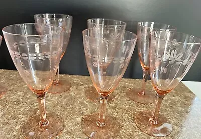 Vintage Pink Crystal Etched Floral Pattern Wine Glass Set Of 6 • $60