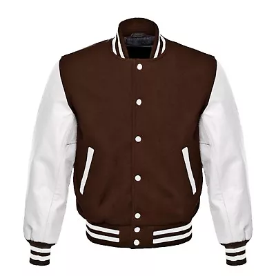 £93 • Buy Varsity Jacket Letterman College Baseball  Brown Wool White Real Leather Arms