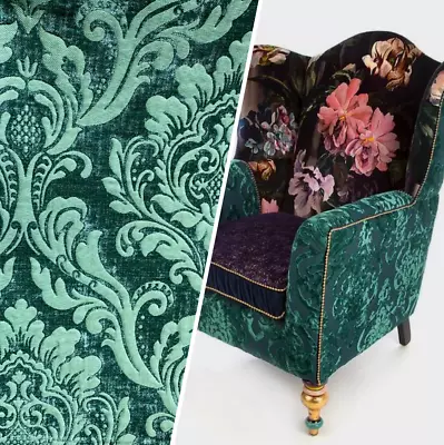 Isabella Designer Velvet Chenille Burnout Damask Upholstery Jade Green Fabric • $92