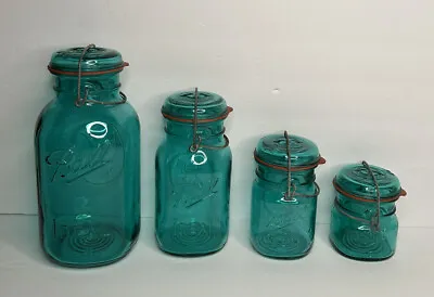 Vtg Set 4 Aqua Blue Glass Ball IDEAL Mason Jar Bicentennial Wire Lock & Lid • $79.99