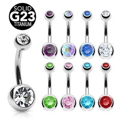 Solid TITANIUM Belly Bar 14G Navel Ring Grade 23 Piercing Ball Double Crystal • £4.75