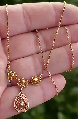 Antique Edwardian 14kt Yellow Gold 4-Diamond Drop Necklace - 16  Long • £477.07