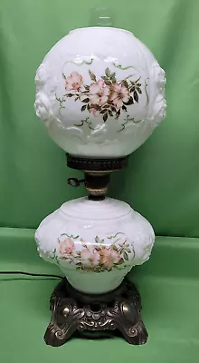 Vtg GWTW Hurricane Table Lamp Hand Painted Puffy Embossed Rose Top Bottom Light • $169.99