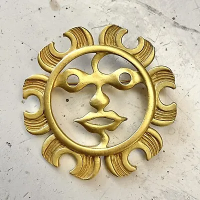 Vintage 80s Maxine Denker Sun Face Modernist Gold Tone Brooch • $36