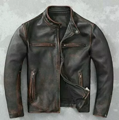 Men's Vintage Biker Black Motorcycle Distressed Cafe Racer Leather Jacket | 2XL • $54.99