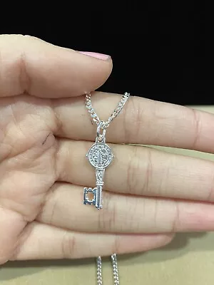 925 Sterling Silver Small St Benedict San Benito Key & Curb Cuban Chain 20 22 24 • $35