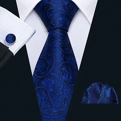 Mens 100 Tie Red Blue Black Wedding Silk Necktie Paisley Solid Ties Hanky Set • £9.59