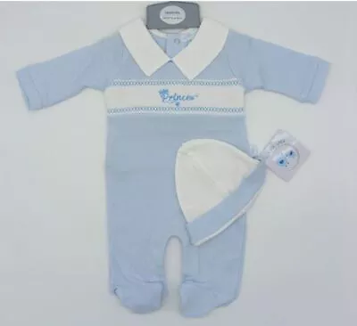 £13.49 • Buy Baby Boys Spanish Style Smocked Prince Blue All In One Romper & Hat Outfit NB-6M