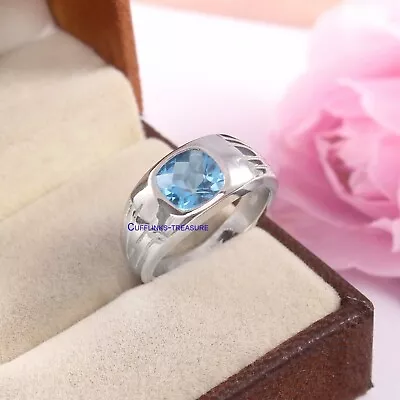 Natural Blue Topaz Gemstone With 925 Sterling Silver Ring For Men's #4555 • $85