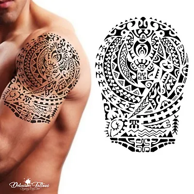 Tribal Temporary Tattoo - Polynesian Turtle Shoulder Maori Black Waterproof Mens • £3.99