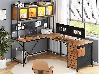 L Shaped Computer Desk With Hutch &Storage Shelves Home Office Desk W/Led Lights • $209.97