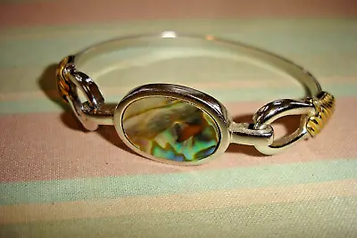 Vintage AVON Abalone Shell Silver & Gold Tone Hinged Bangle Bracelet • $8.50