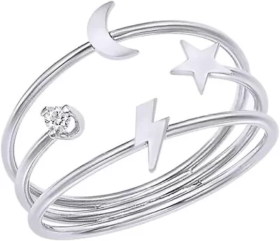 Dainty Lightning Bolt Moon & Star Three-Band Ring Moissanite In Sterling Silver • $43.18