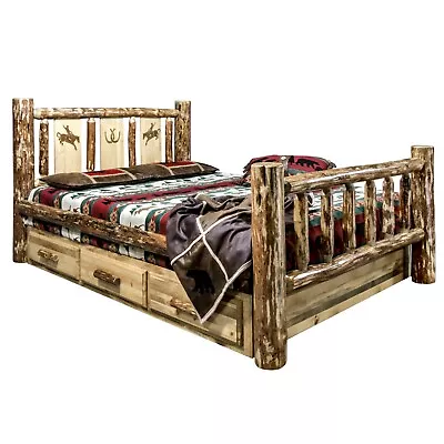 Log Storage Bed With Drawers KING Etching Design Woodburning Rustic Unique Beds • $2649.57