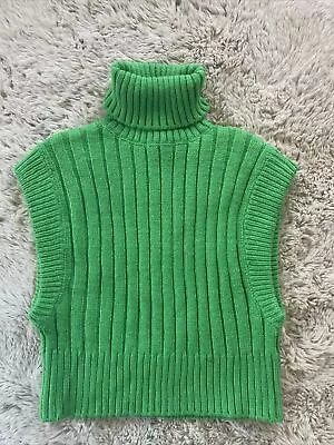 Zara Thick Ribbed Knit Green Turtleneck Crop Vest Womens XL Chic • $15