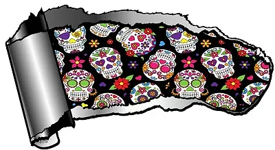 Ripped Open GASH Torn Metal & Mexican Sugar Skull Day Of The Dead Car Sticker • £2.59