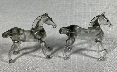 Vtg Art Glass Horses Black Swirl Crystal Clear 2 Mini Figurines Hand Blown • $24.50