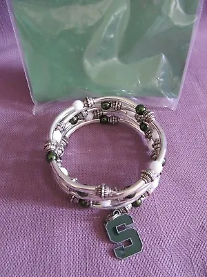 Michigan State Spartans Bracelet Green White Beaded Silver Coil S Charm • $9.99