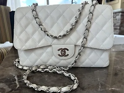 Chanel White Vintage Classic Single Flap Bag Quilted Caviar Jumbo • $3829