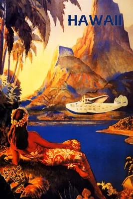 Hawaii Vintage Travel Poster Lady Airplane Plane Beach Reproduction FREE S/H • $17.90