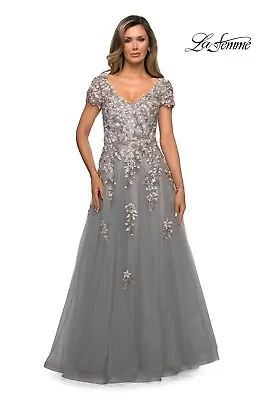 New La Femme 27968 Gown Embroidered Beaded Dress Floral Chiffon Gray Size 6 • $69.99