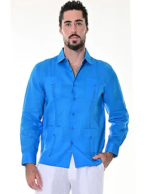 £52.60 • Buy Bohio Linen Cuban Guayabera Shirt For Men- Royal Traditional 4 Pocket -MLS501