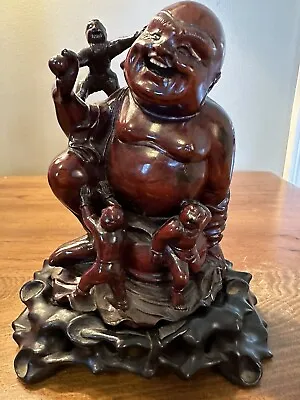 19th Century Chinese Laughing Buddha With 3 Children Carved Figurine On Stand • £71.26