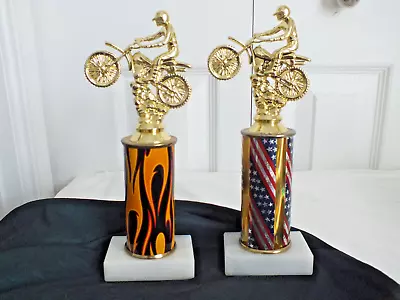 Lot Of 2 Motorcycle Trophies 9.25  Tall Glitz Sparkle American FLAG And FLAMES • $22