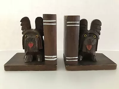 Adorable Vintage Folk Art Wooden Carved Terrier And Book Bookends • $13.99