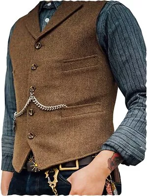 Mens Classic Wool Tweed Suit Vest Casual Sleeveless Jacket Herringbone Waistcoat • $48.32