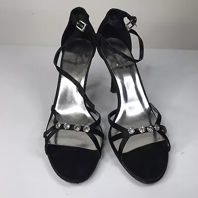 Jacqueline Ferrar Size 7 1/2 M(B) Black Satin 3 Rhinestones Trim Black Heels • $26.85