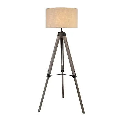 Tripod Wood Floor Standard Lamp Light With Cream Linen Shade Adjustable Stand • £128.95