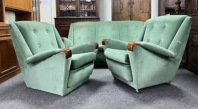 Retro 3 Seater Sofa & Pair Of Armchairs Green Velvet & Teak Armrests Mid Century • £395