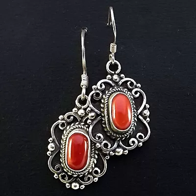 925 Sterling Silver Red Coral Stone Nepal Tibetan Drop Dangle Earrings Vintage • $124