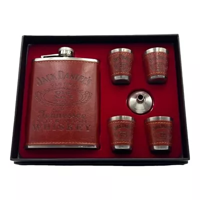 Jack Daniels Hip Flask And Shot Glass Gift Set Stainless Steel Leather 8oz • $29.95