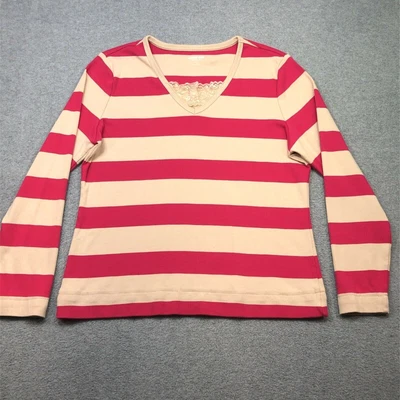 $9.27 • Buy Lands' End Top Women's L 14-16 Beige Pink Stripe Shaped Fit V-Neck Lace Accent 