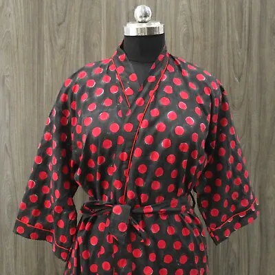 $42.49 • Buy Indian Red Polka Dot Kimono Robes Women's Clothing Hand Block Cotton Kimono Robe