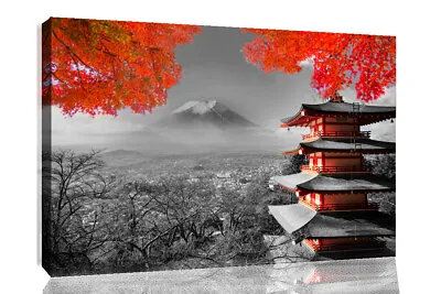 £11.99 • Buy Japanese Temple In Autumn Black White Red Canvas Wall Art Picture Print