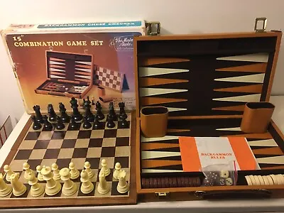 VERY RARE Vintage Backgammon Chess Checkers Game Set Brown & White Leatherette • $49.95