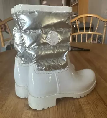 Moncler Boots Size 38 8 Puffer Gisele Rain Boots Metallic Silver & White • $220