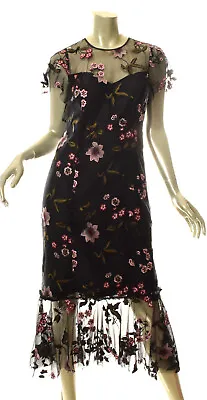 $89 • Buy SHOSHANNA Midnight Floral Embroidered Lace Midi Flounce Hem Dress Size 4