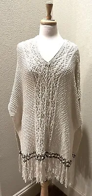 Anthropologie La Fee Verte Crochet Boho Beaded Poncho Sweater Cape XS S • $20