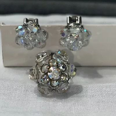Vintage Aurora Borealis Silver Tone Clip Earrings And Ring Set • $19.99