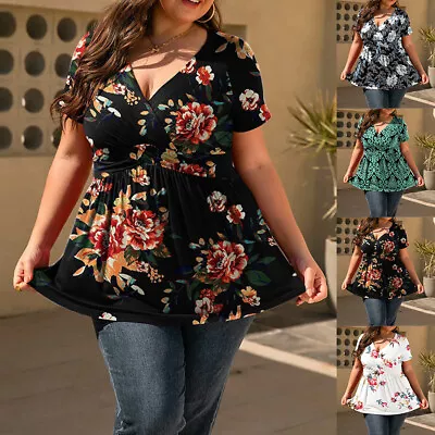 Plus Size Women Short Sleeve Floral T Shirt Summer Beach Casual Loose Tunic Top • £11.69