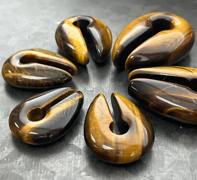 PAIR Tiger Eye Natural Stone Keyhole Hangers Plugs Gauges Tunnels Ear Weights • $24.95