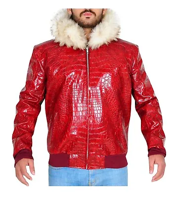 Trend Hoop Men's Fur Hoodie Red Crocodile Pattern Leather Jacket • $154.99
