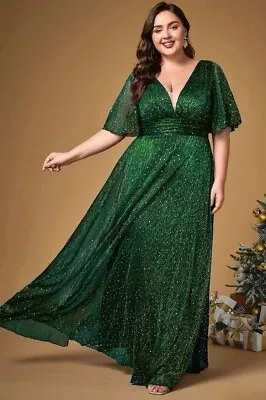 Women's - Green Sequin Mesh - V-Neck - Empire - Long Dress - Size 28 • $50