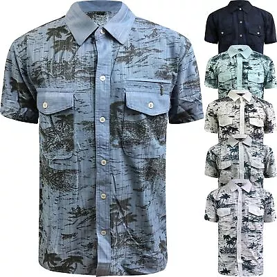 Mens Short Sleeve Hawaiian Shirt Zip Pocket Summer Casual Loose Palm Tree Top • £9.99