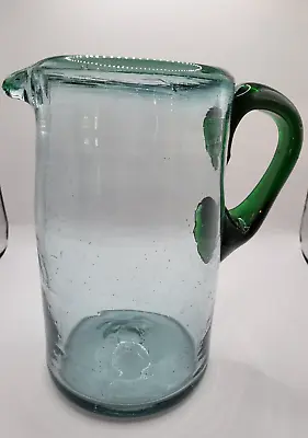 Hand Blown Glass Margarita Pitcher Green Rim Handle Mexico                    63 • $12.60